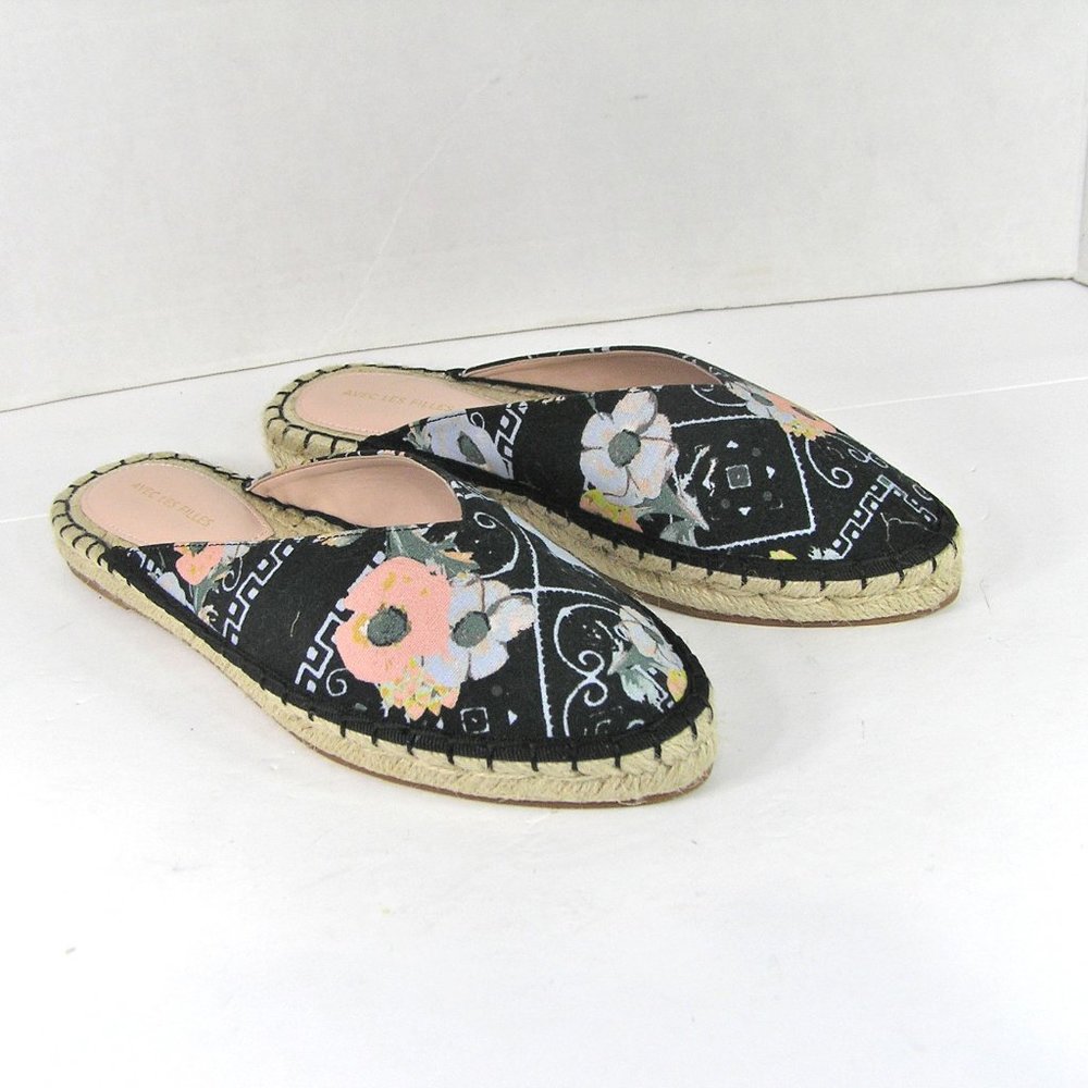 Avec Les Filles Black Floral Espadrille Mules